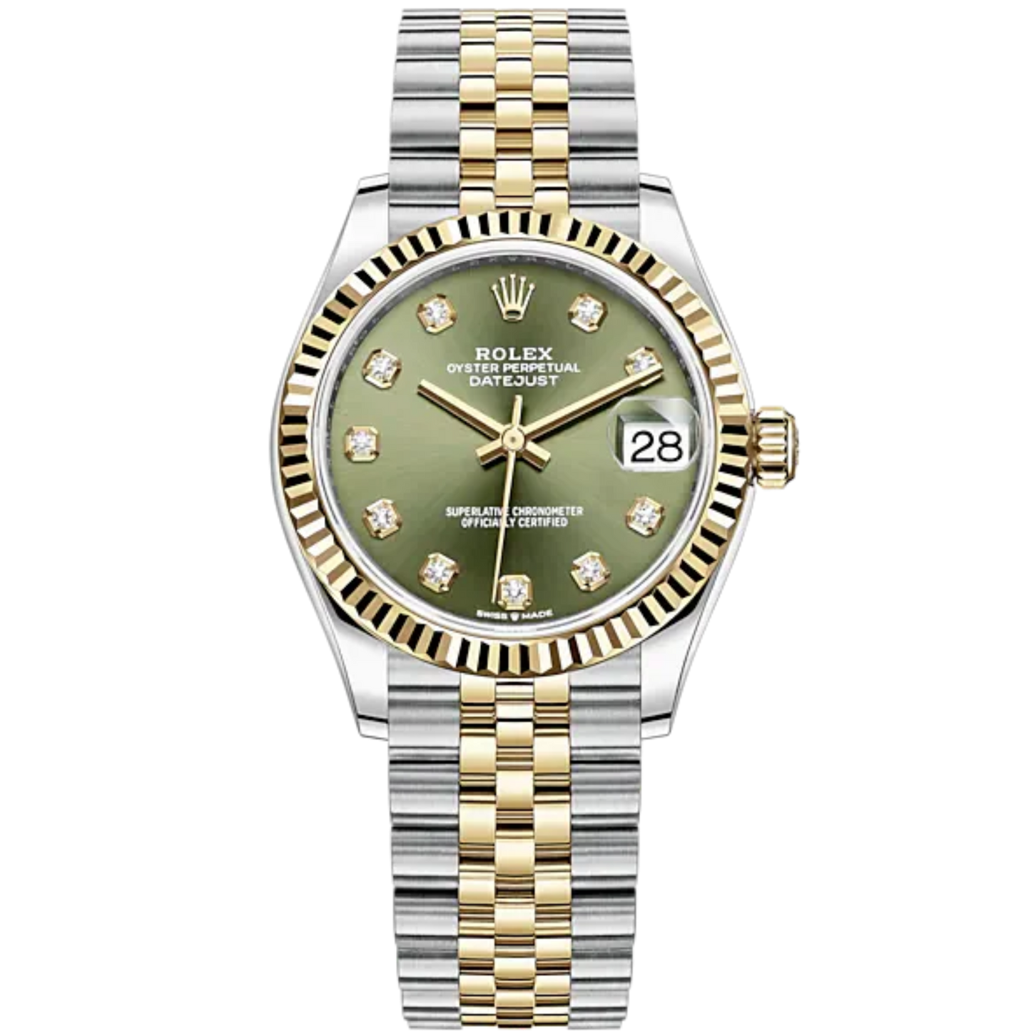 Datejust 31 31mm Jubilee Bracelet Oystersteel and Yellow Gold with Olive-Green Diamond-Set Dial Fluted Bezel