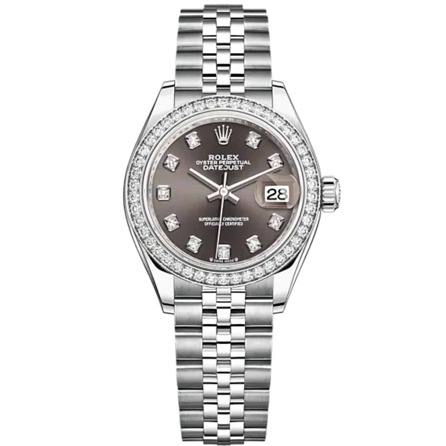 Lady-DateJust 28mm Oystersteel Jubilee Bracelet and White Gold with Dark Grey Dial Diamond-Set Dial Diamond-Set Bezel