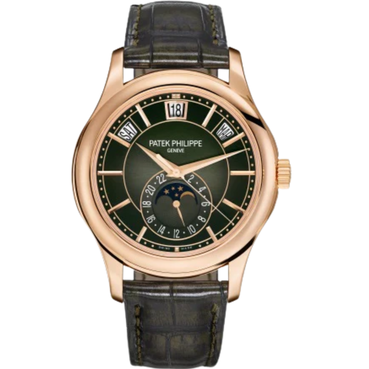 5205R Complications 40mm Two-tone Green Alligator Strap Olive Green Sunburst Gradient Black Rim Dial Rose Gold Bezel