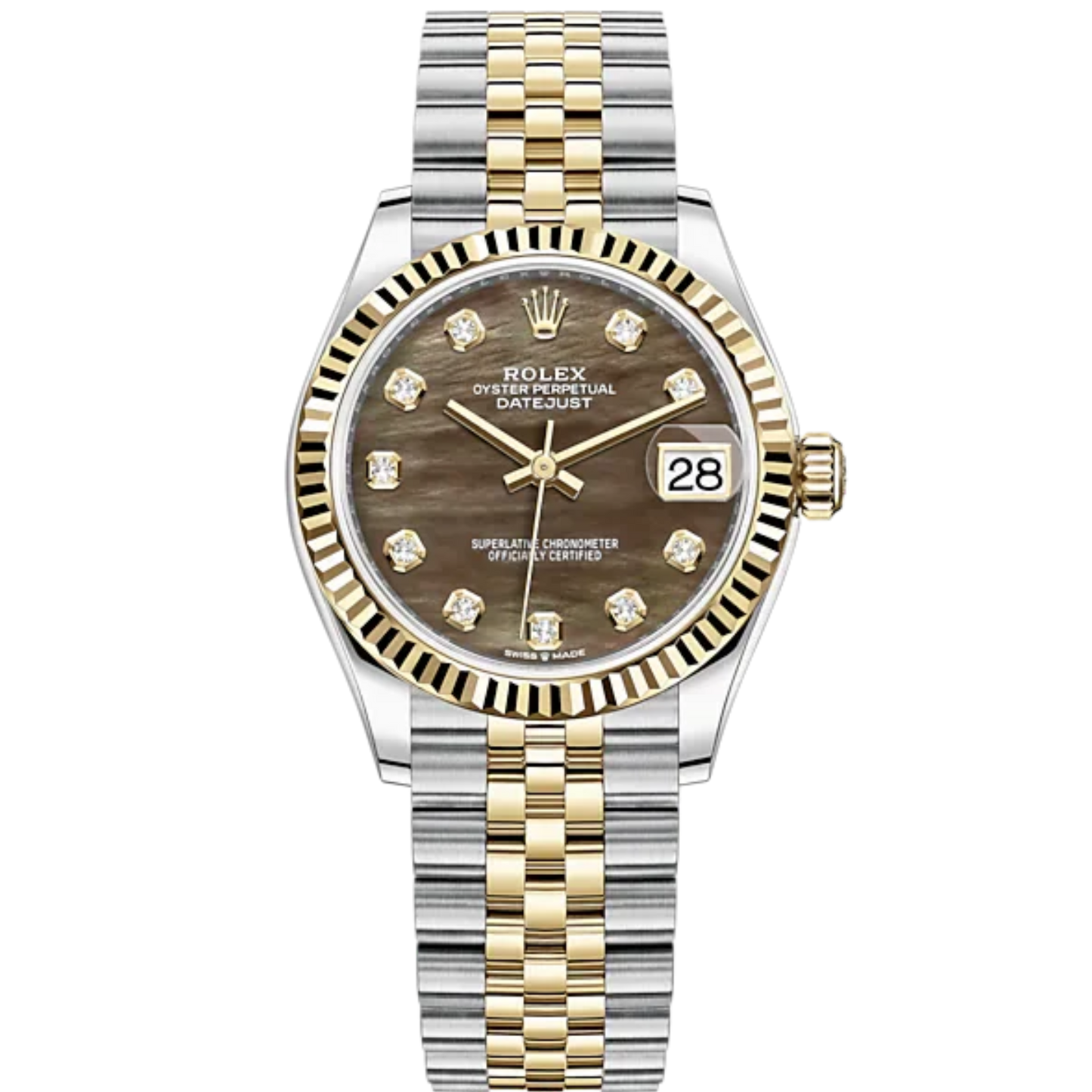 Datejust 31 31mm Jubilee Bracelet Oystersteel and Yellow Gold with Black Mother-Of-Pearl Diamond-Set Dial Fluted Bezel