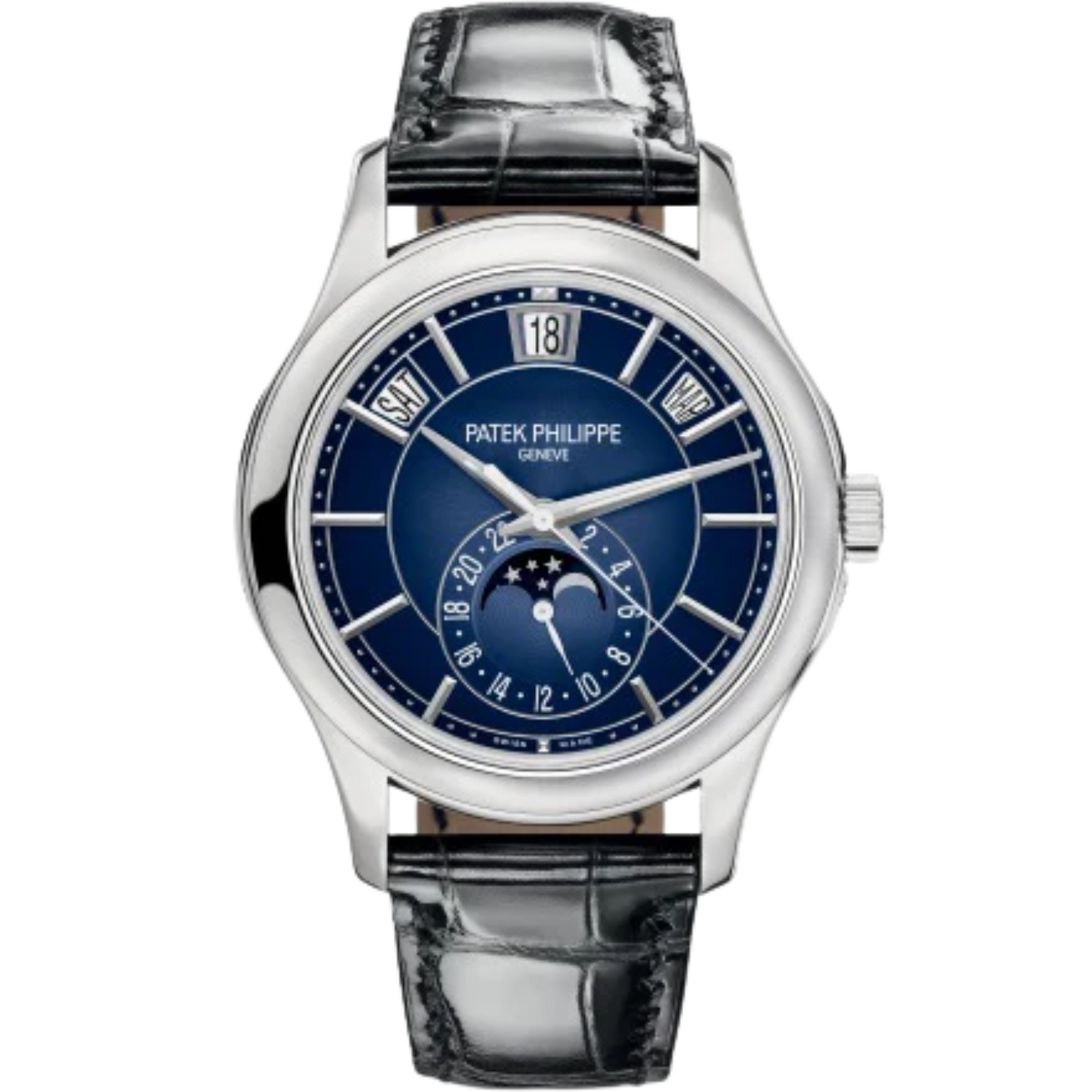 5205G Complications 40mm Shiny Black Alligator Strap Blue Sunburst Black Gradated Dial White Gold Bezel