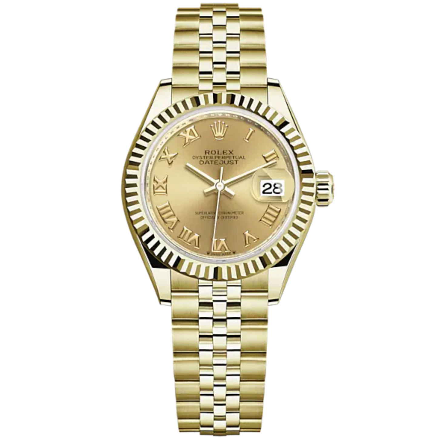 Lady-DateJust 28mm Jubilee Bracelet and 18 KT Yellow Gold with Champagne-Colour Dial Fluted Bezel