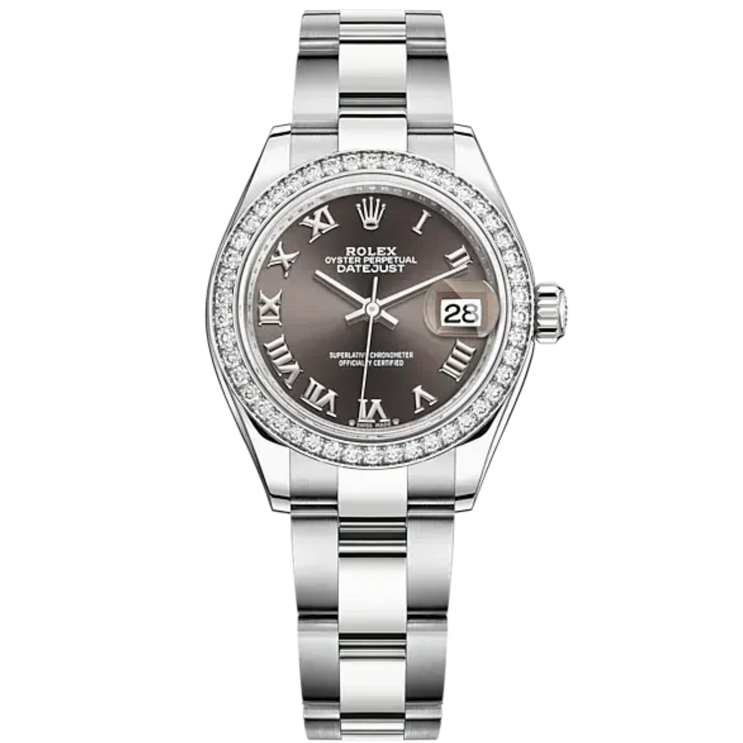 Lady-DateJust 28mm Oyster Oystersteel Bracelet and White Gold with Dark Grey Dial Diamond-Set Bezel