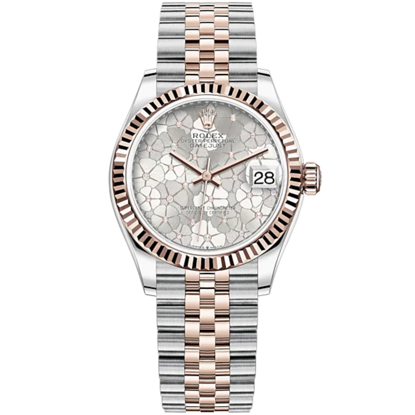 Datejust 31 31mm Jubilee Bracelet Oystersteel and Everose Gold with Silver Floral-Motif Diamond-Set Dial Fluted Bezel