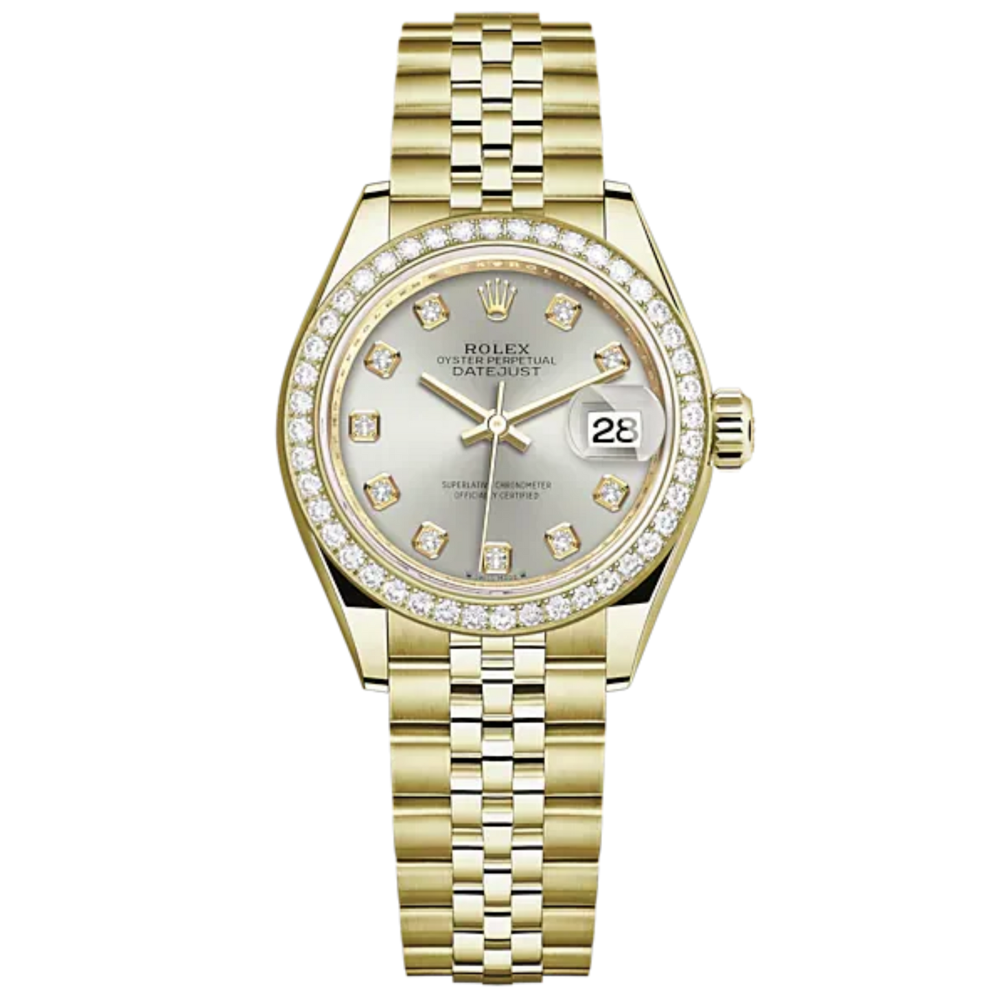 Lady-DateJust 28mm Jubilee Bracelet and 18 KT Yellow Gold with Silver Dial Diamond-Set Dial Diamond-Set Bezel