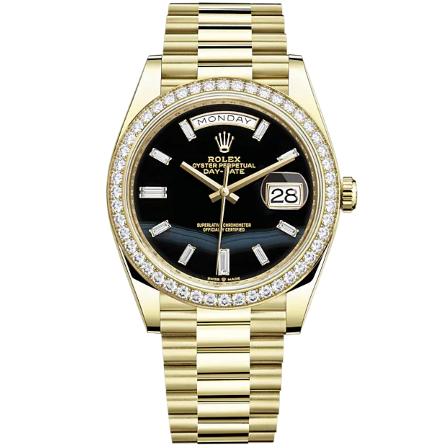 Day-Date 40 40mm President Bracelet and 18 KT Yellow Gold with Onyx Dial Diamond-Set Dial and Diamond-Set Bezel