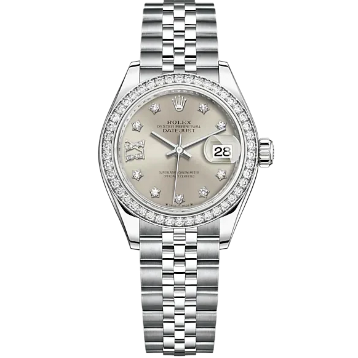 Lady-DateJust 28mm Jubilee Bracelet and Oystersteel with White Gold and Silver Dial Diamond-Set Dial Diamond-Set Bezel