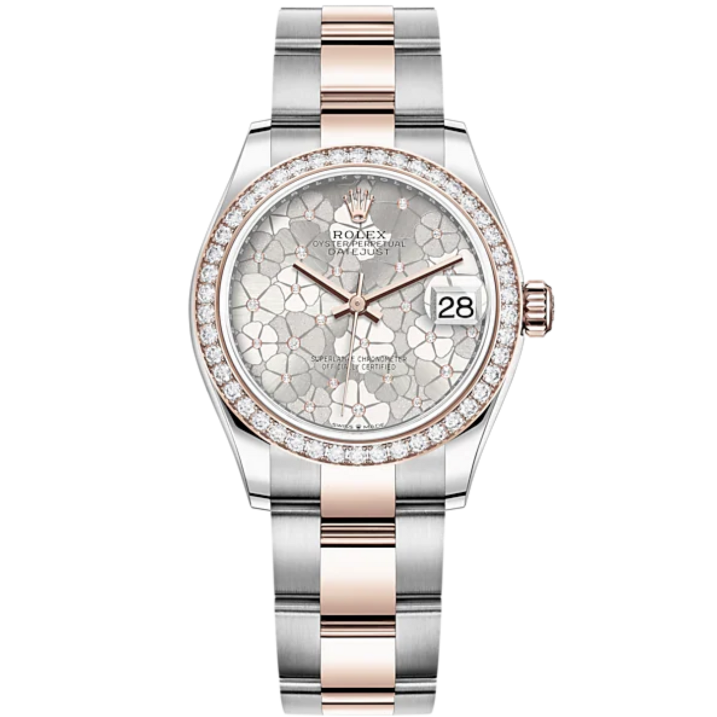 Datejust 31 31mm Oyster Bracelet Oystersteel and Everose Gold with Silver Floral-Motif Diamond-Set Dial Diamond-Set Bezel
