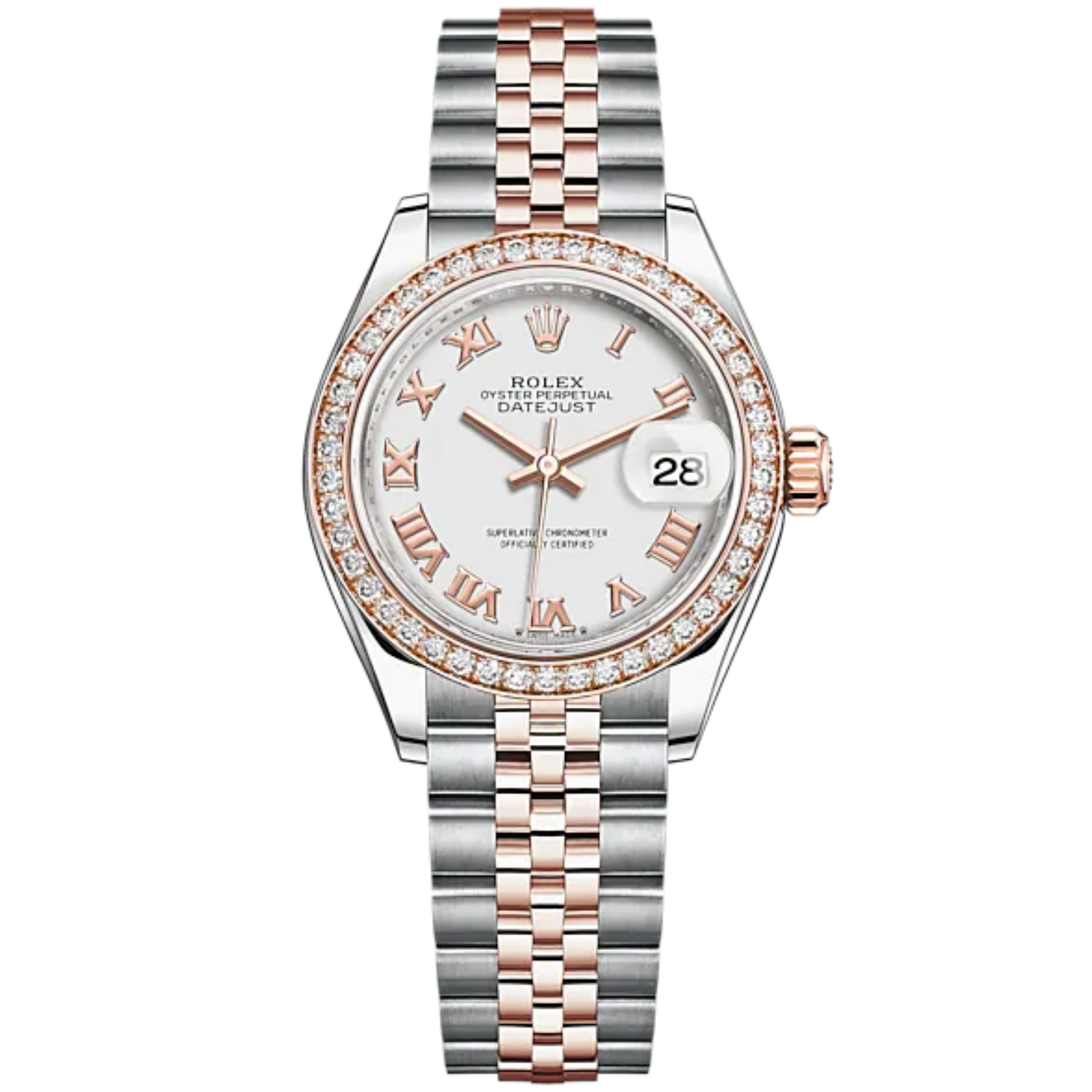 Lady-DateJust 28mm Oystersteel Jubilee Bracelet and Everose Gold with White Dial and Diamond-Set Bezel