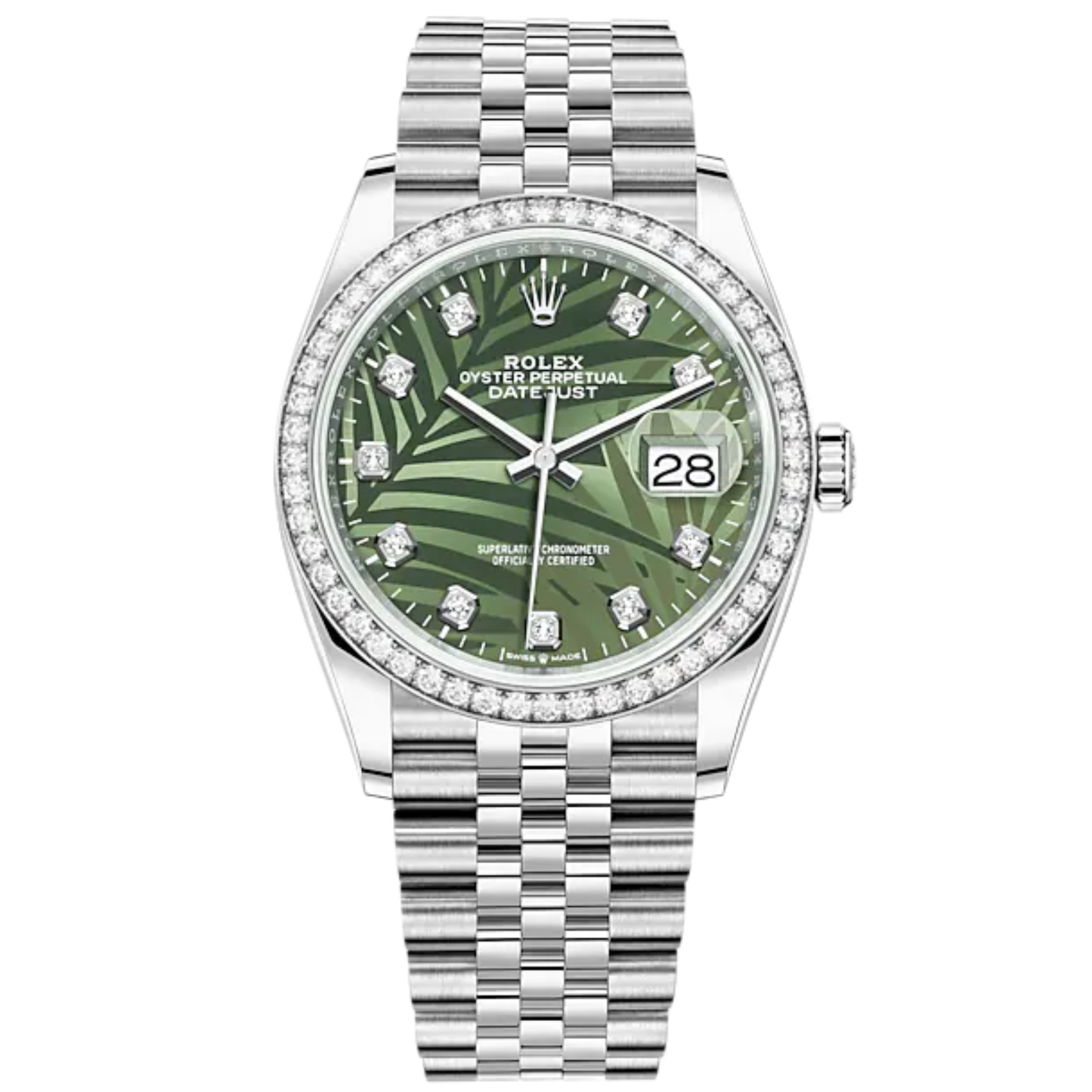 Datejust 36 36mm Oystersteel Jubilee Bracelet Olive Green Palm-Motif Diamond-set Dial Diamond-set Bezel