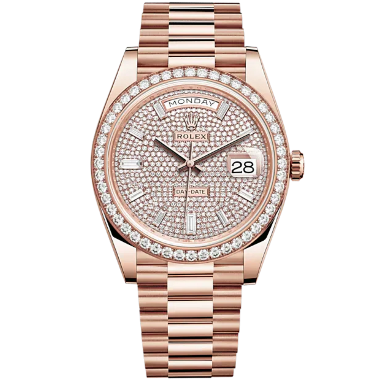 Rolex Day Date Ref. 228345RBR 40MM Rose Gold Pave Dial/Baguette Markers with Diamond Bezel