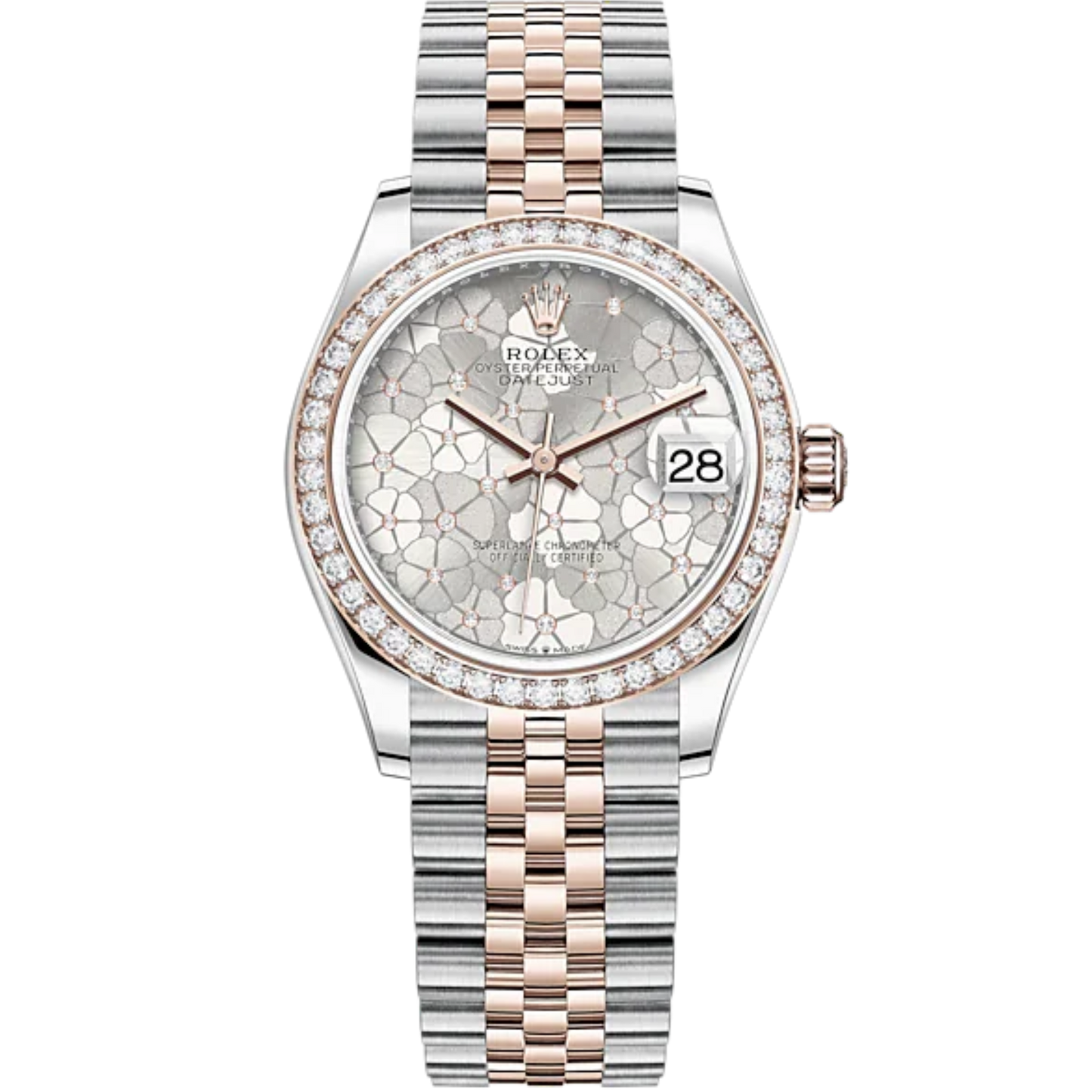 Datejust 31 31mm Jubilee Bracelet Oystersteel and Everose Gold with Silver Floral-Motif Diamond-Set Dial Diamond-Set Bezel