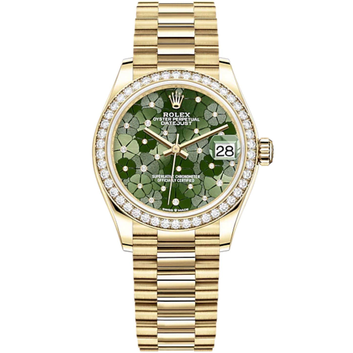 Datejust 31 31mm President Bracelet and 18 CT Yellow Gold with Olive-Green Floral-Motif Diamond Set Dial Diamond-Set Bezel