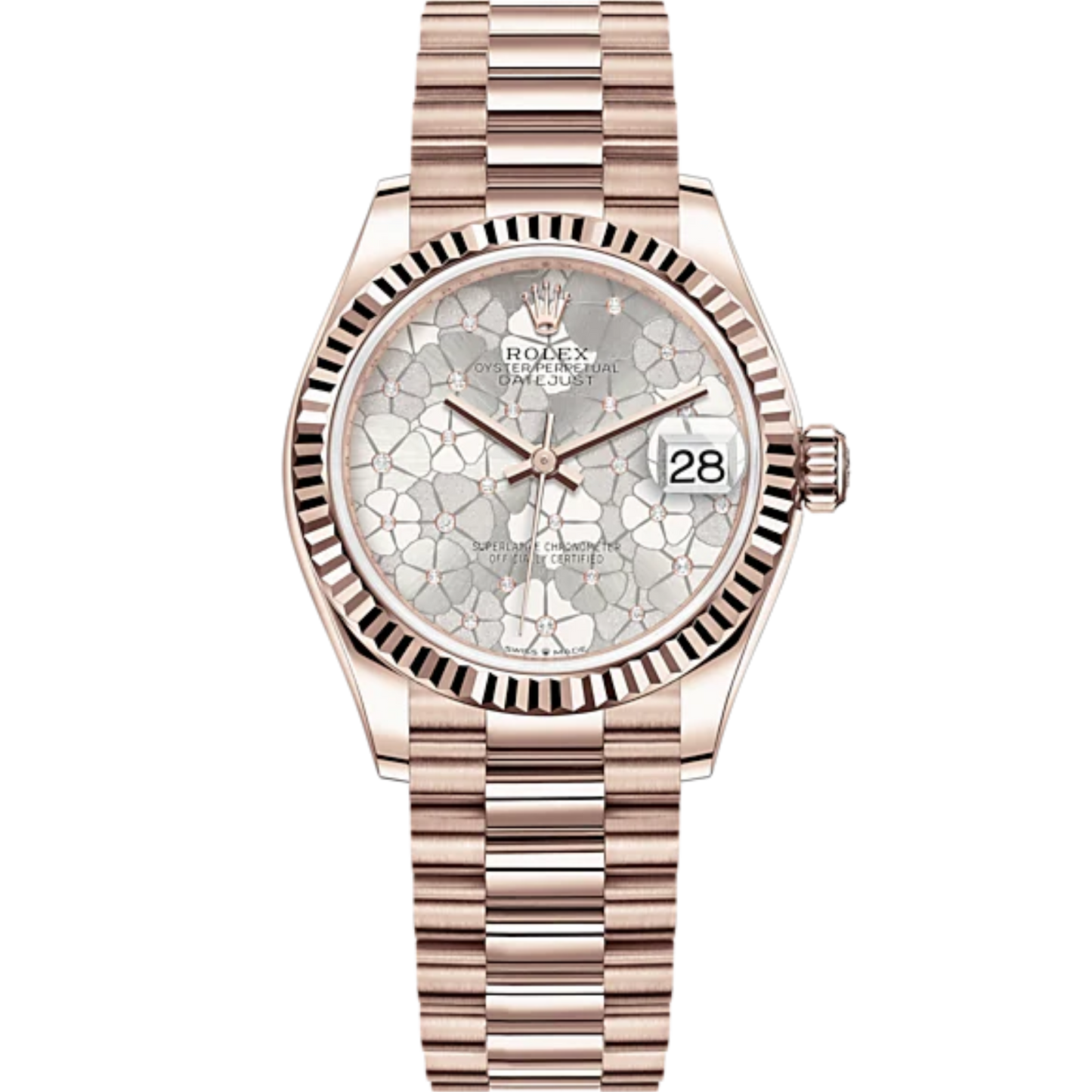 Datejust 31 31mm President Bracelet and Everose Gold with Silver Floral-Motif Diamond-Set Dial Fluted Bezel