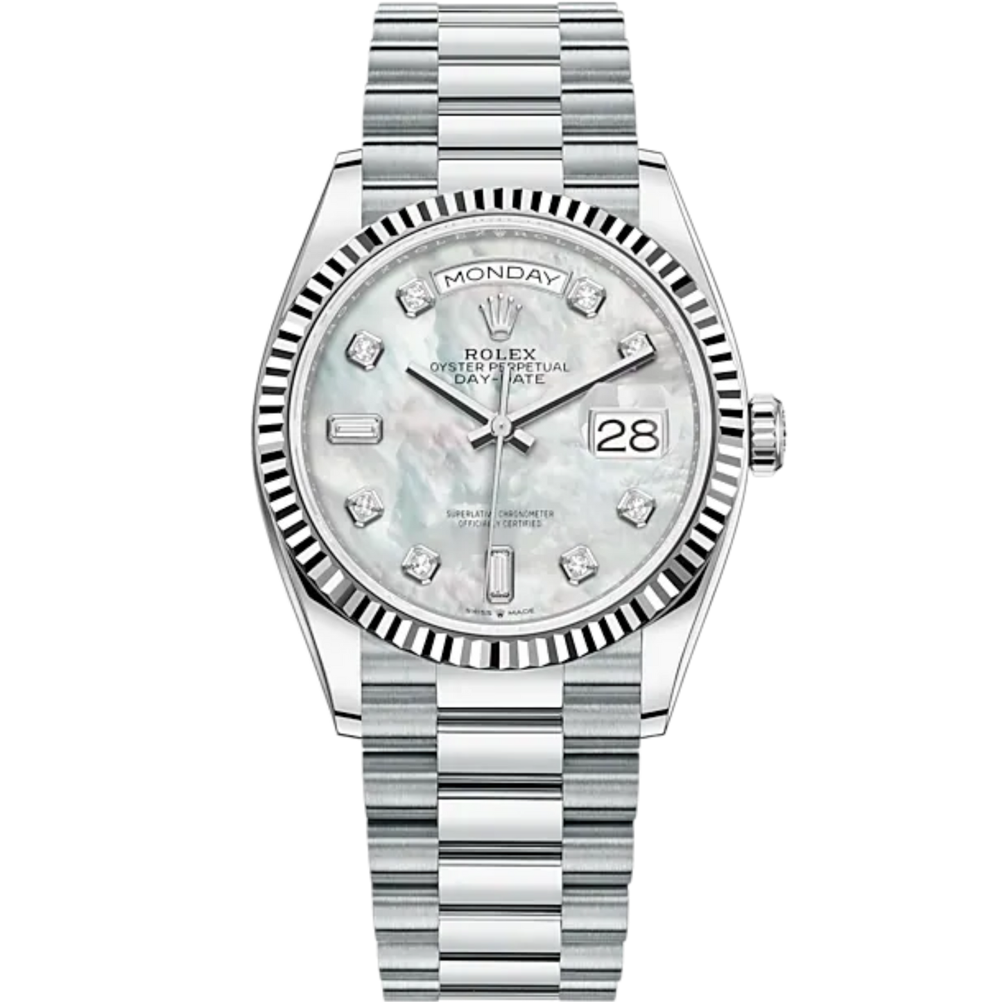 Day-Date 36 36mm President Bracelet and 18 KT White Gold with White Mother-of-Pearl Diamond-Set Dial Fluted Bezel