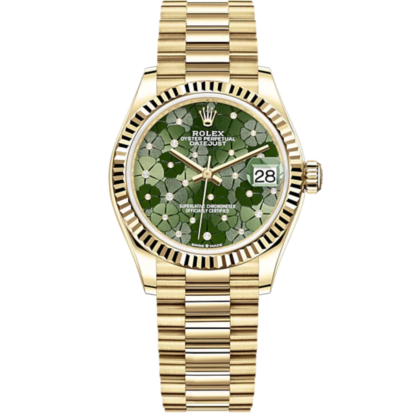 Datejust 31 31mm President Bracelet and Yellow Gold with Olive-Green Floral-Motif Diamond-Set Fluted Bezel