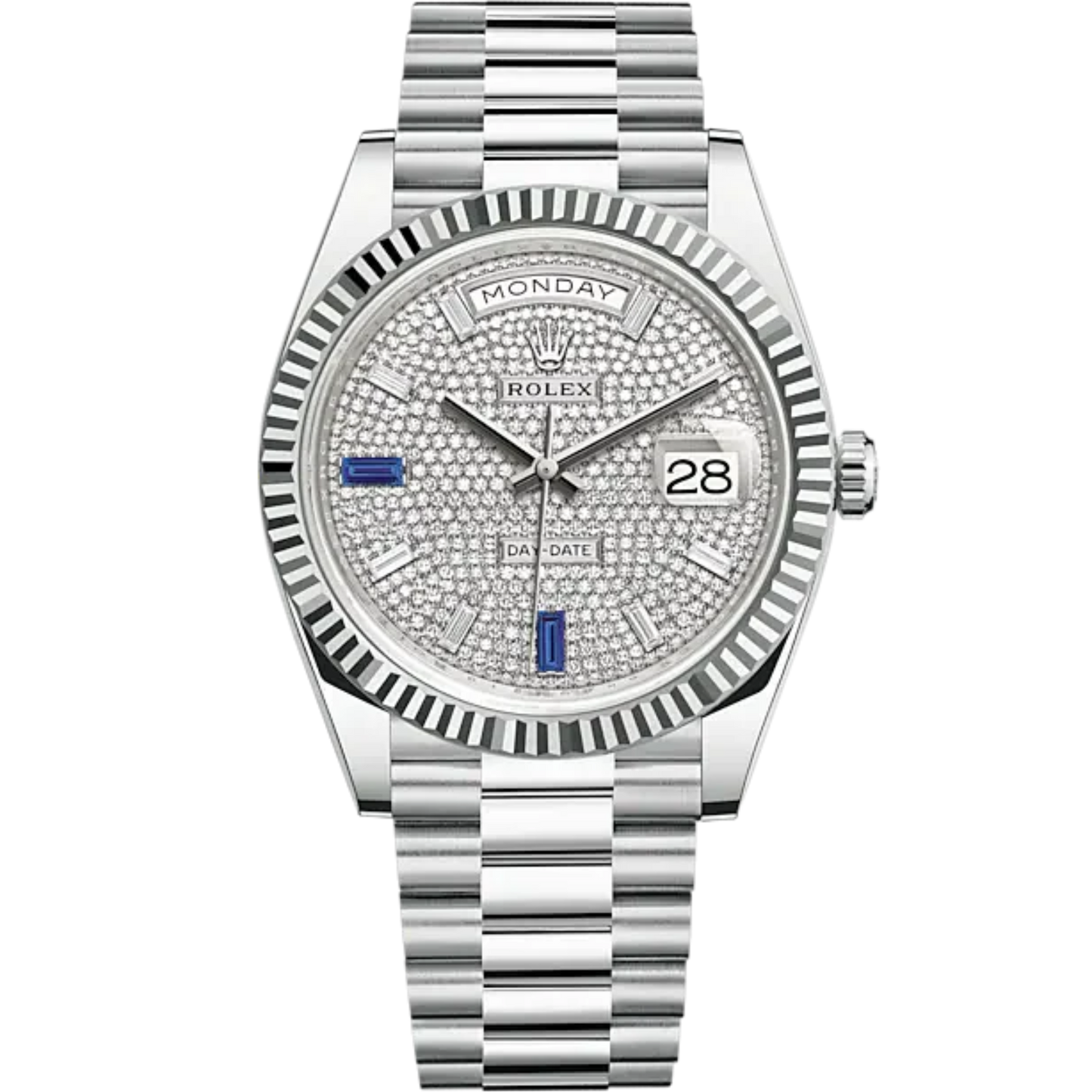 Day-Date 40 40mm President Bracelet and 18 KT White Gold with Diamond-Paved Dial and Fluted Bezel