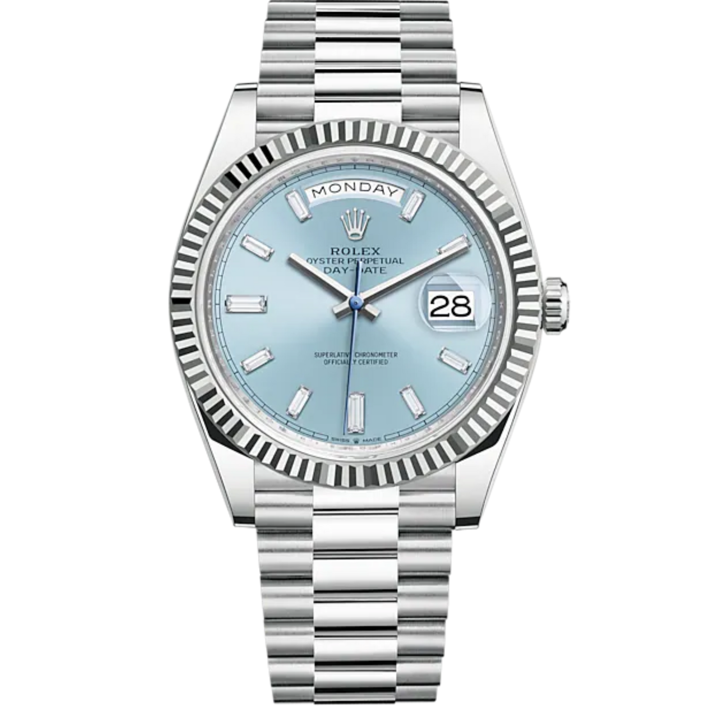 Day-Date 40 40mm President Bracelet and Platinum with Ice-Blue Diamond-Set Dial Fluted Bezel