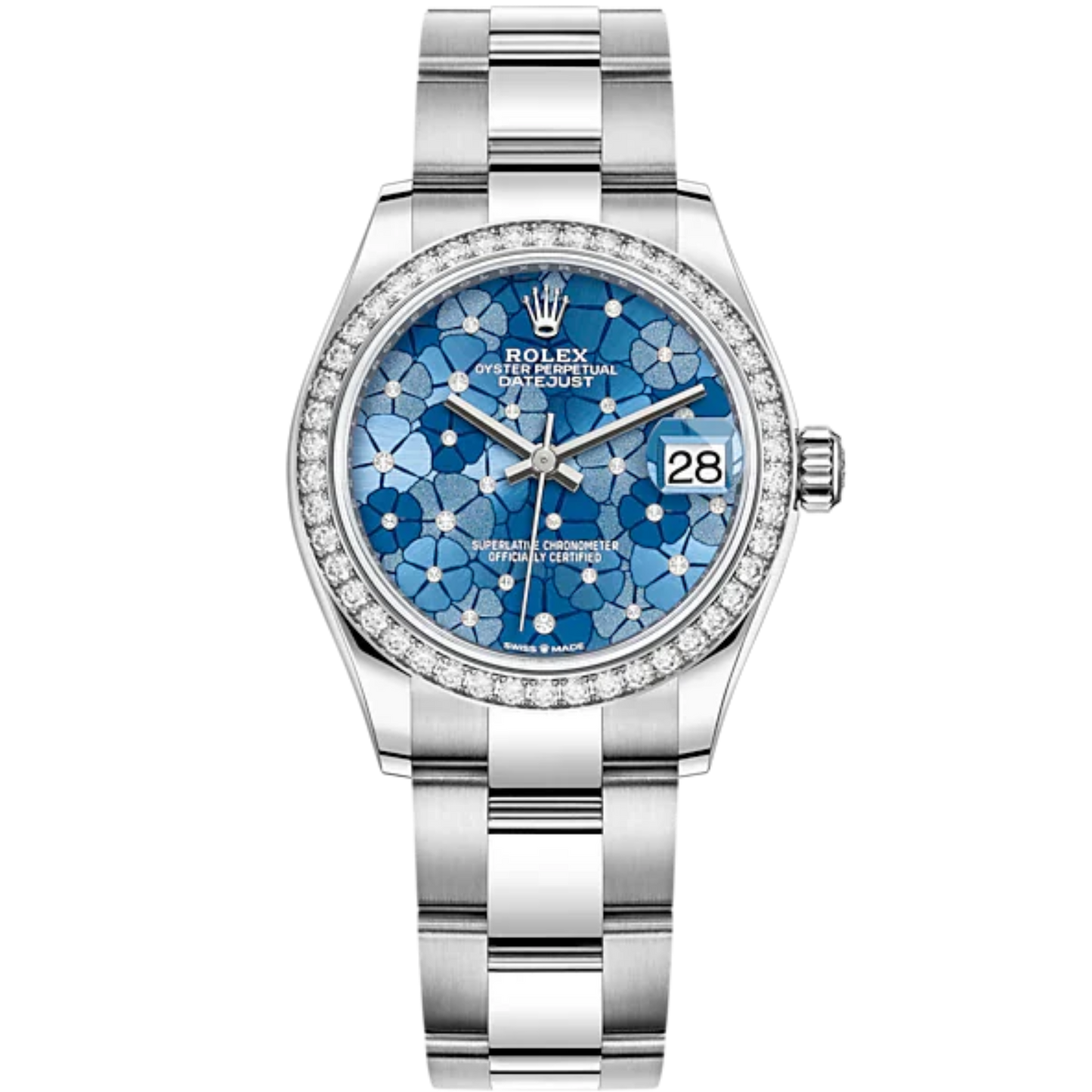 Datejust 31 31mm Oyster Bracelet Oystersteel and White Gold with Blue Floral-Motif Diamond-Set Dial Diamond-Set Bezel