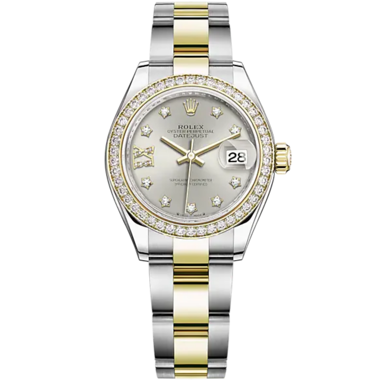 Lady-DateJust 28mm Oyster Oystersteel Bracelet and Yellow Gold with Silver Dial Diamond-Set Dial and Diamond-Set Bezel