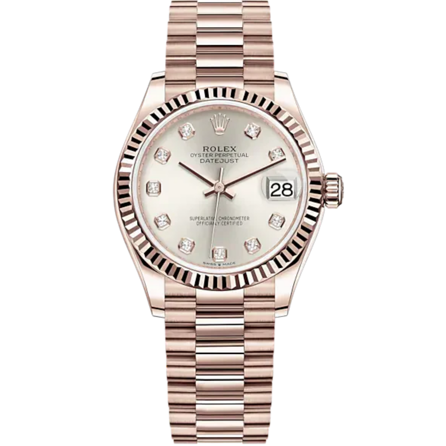 Datejust 31 31mm President Bracelet and 18 CT Everose Gold with Silver Diamond-Set Dial Fluted Bezel