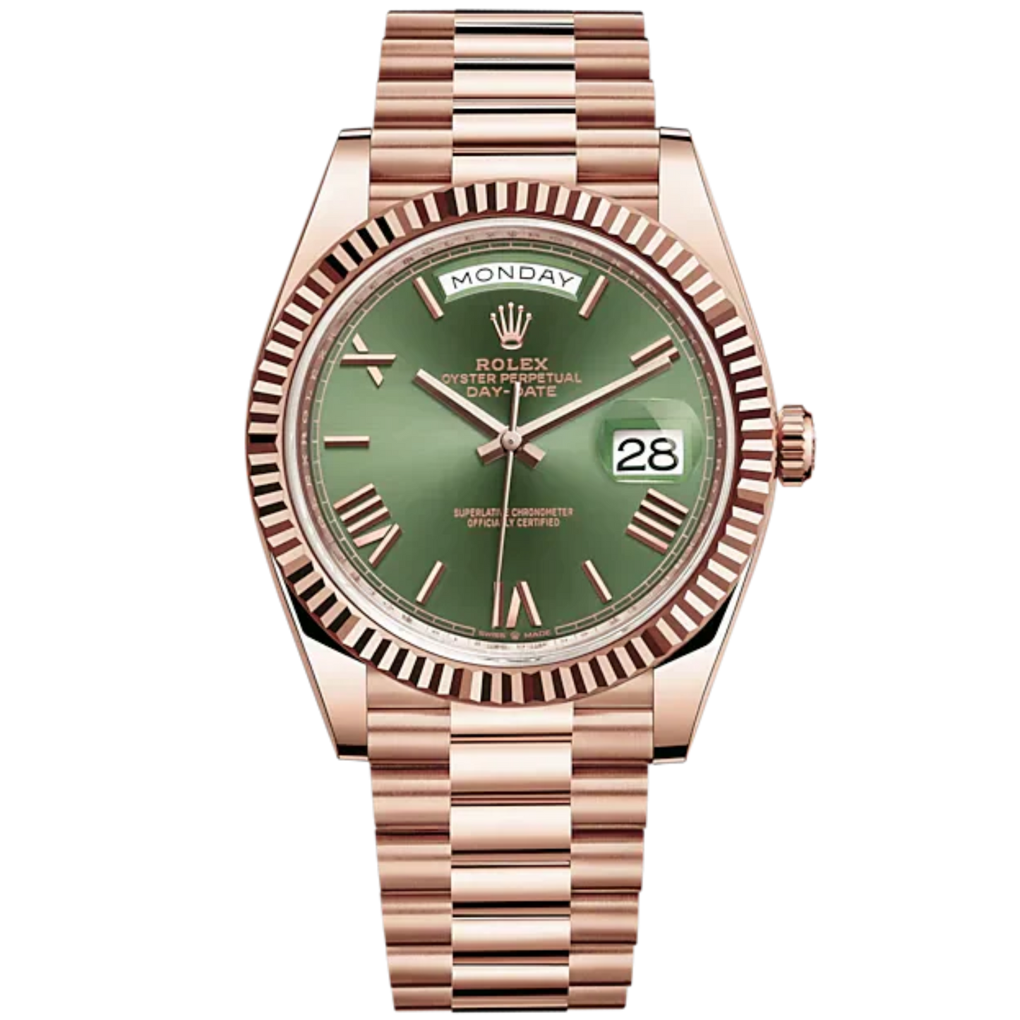 Rolex Day-Date Ref. 228235 40mm Everose Gold with Olive Green Dial Fluted Bezel