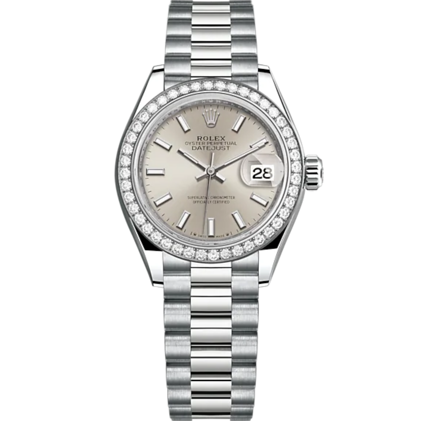 Lady-DateJust 28mm President Bracelet and 18 KT White Gold with Silver Dial and Diamond-Set Bezel