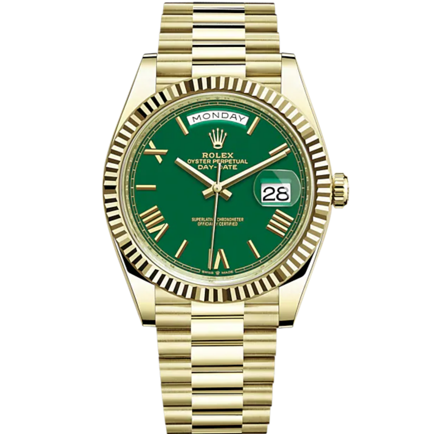 Day-Date 40 40mm President Bracelet and 18 KT Yellow Gold with Green Dial and Fluted Bezel
