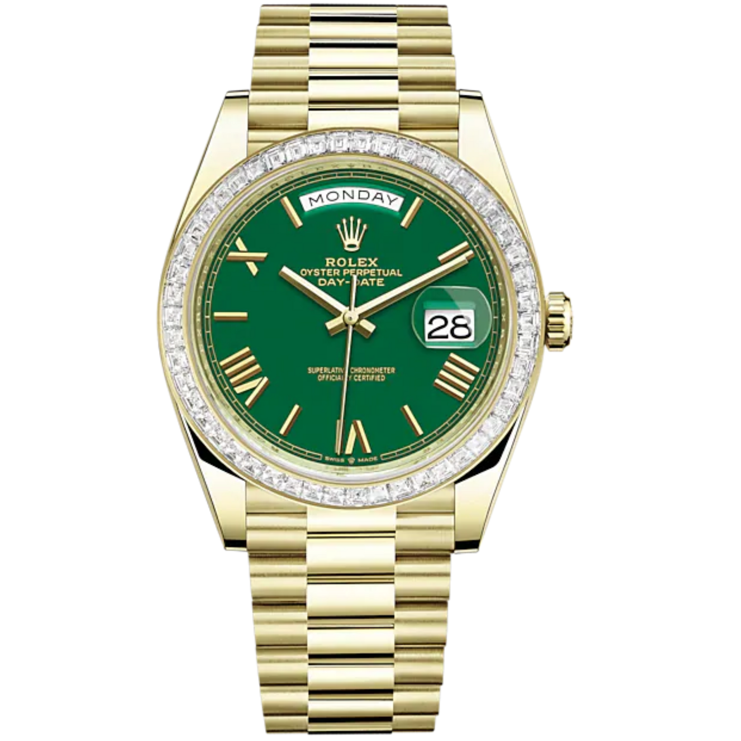 Day-Date 40 40mm President Bracelet and 18 KT Yellow Gold with Green Dial and Diamond-Set Bezel