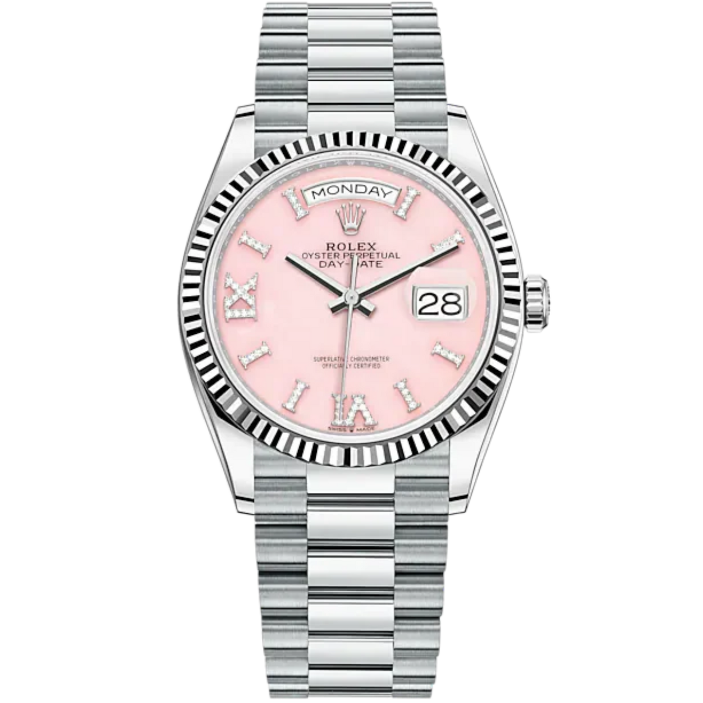 Day-Date 36 36mm President Bracelet and Platinum with Pink Opal Dial Diamond-Set Dial Fluted Bezel