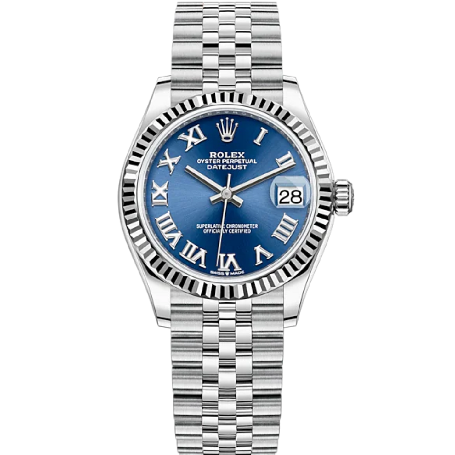 Datejust 31 31mm Jubilee Bracelet Oystersteel and White Gold with Bright Blue Dial Fluted Bezel