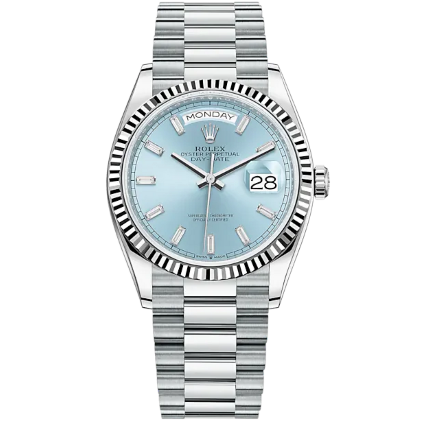 Day-Date 36 36mm President Bracelet and Platinum with Ice-Blue Dial Diamond-Set Bezel Fluted Bezel