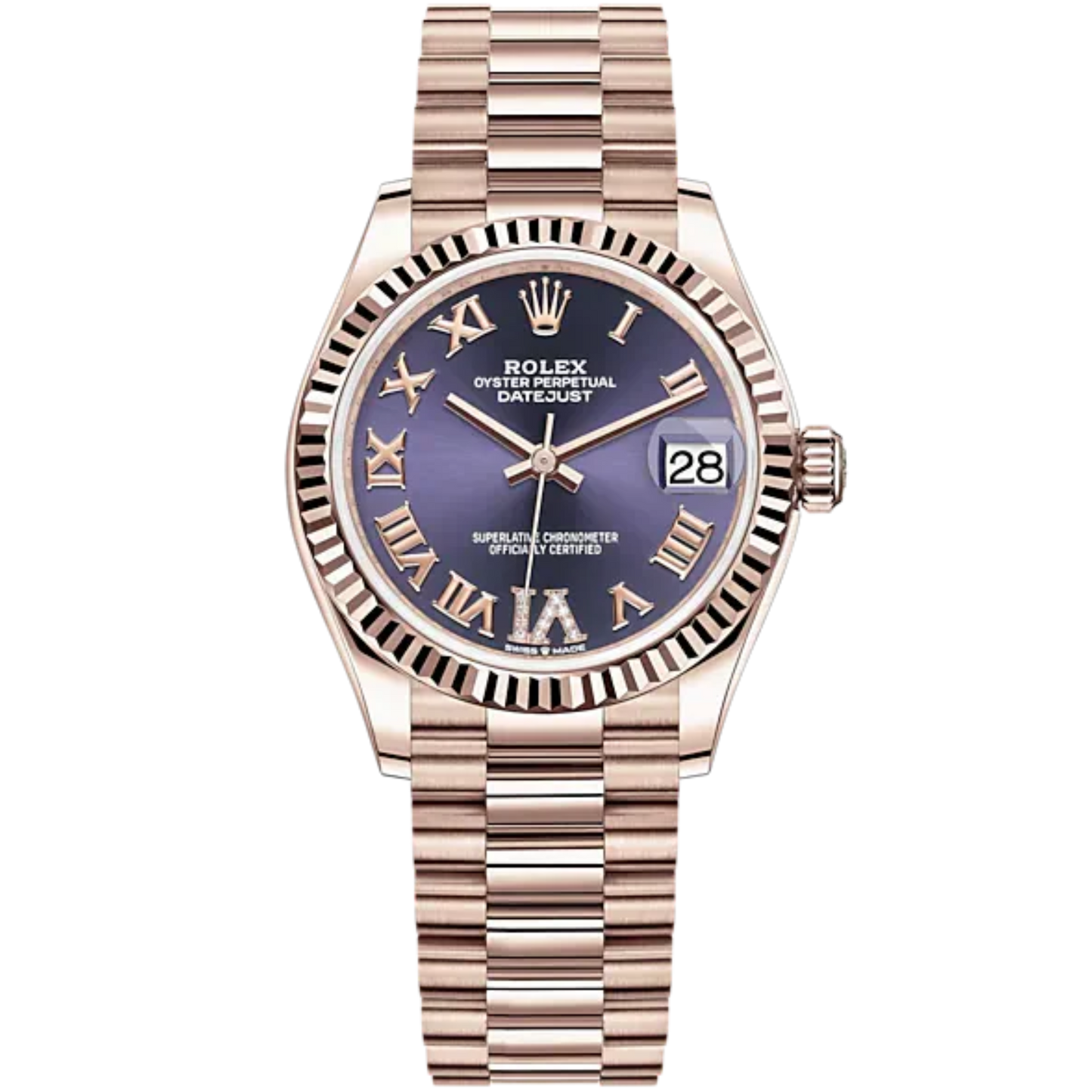 Datejust 31 31mm President Bracelet Oystersteel and Everose Gold with Aubergine Dial Fluted Bezel