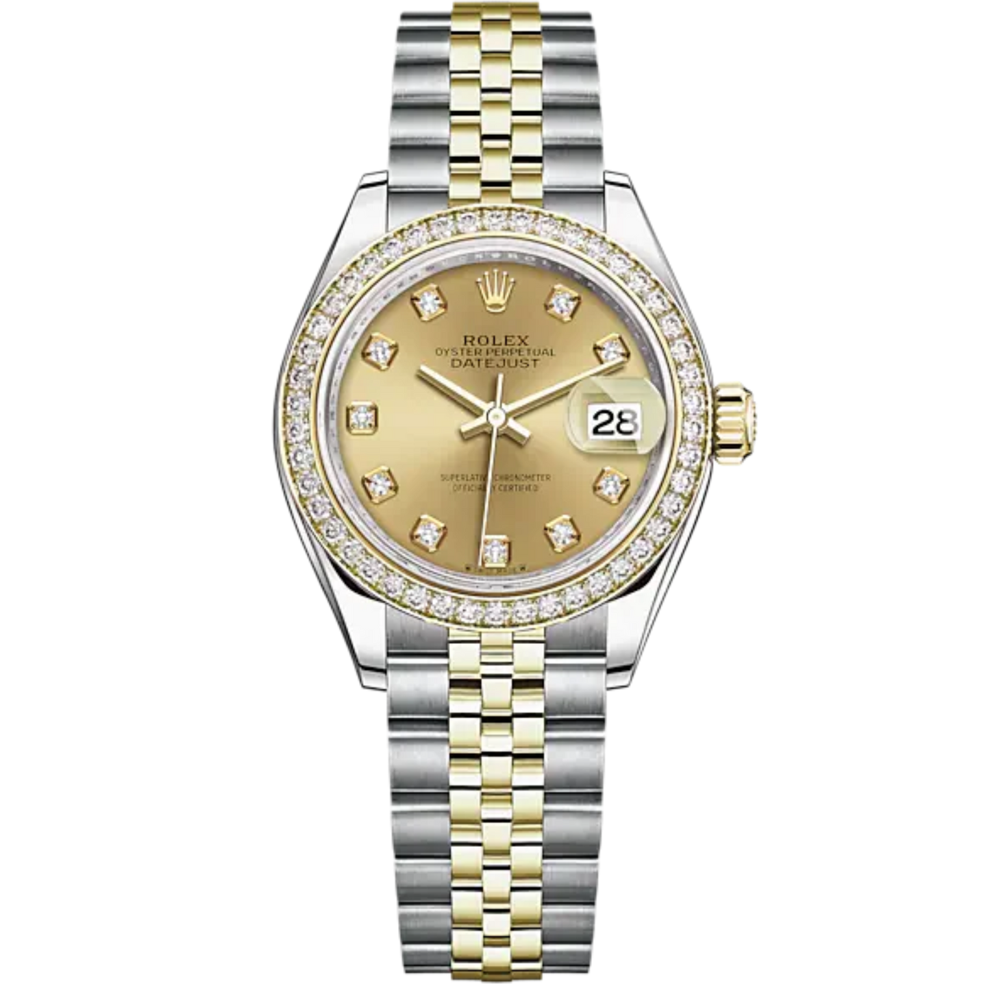Lady-DateJust 28mm Oystersteel Jubilee Bracelet and Yellow Gold with Champagne-Colour Dial Diamond-Set Dial and Diamond-Set Bezel