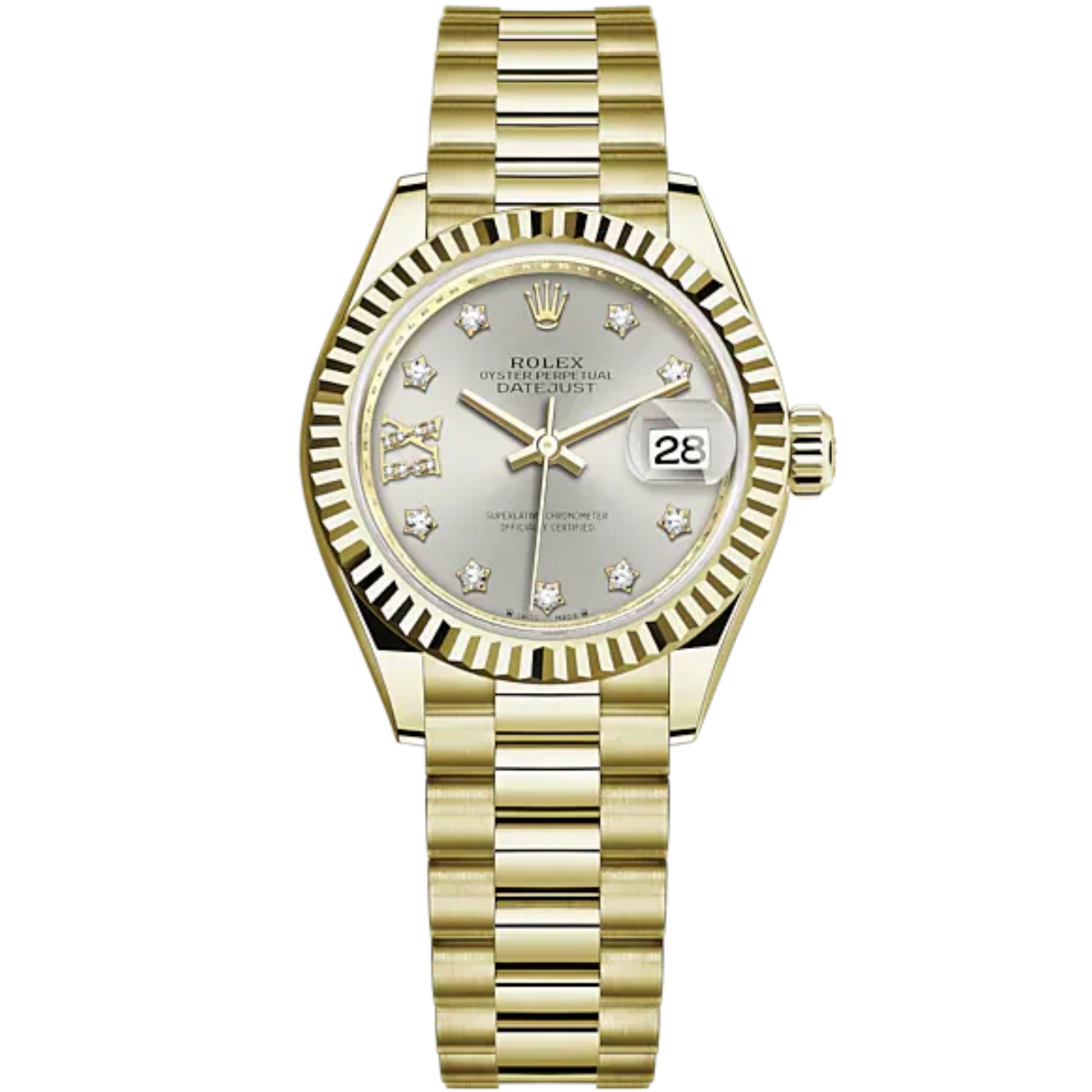 Lady-DateJust 28mm President Bracelet and 18 KT Yellow Gold with Silver Dial Diamond-Set Dial and Fluted Bezel