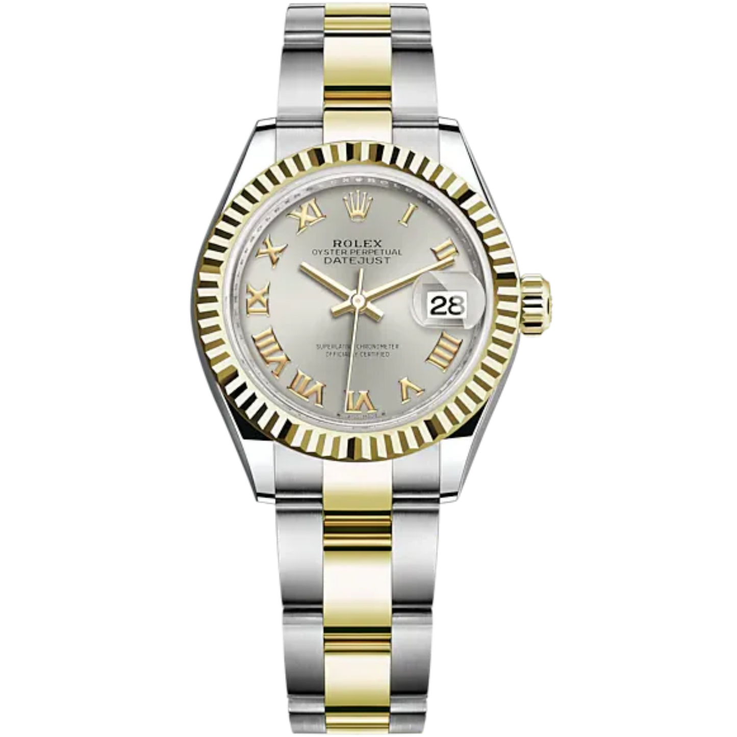 Lady-DateJust 28mm Oyster Oystersteel Bracelet and Yellow Gold with Silver Dial and Fluted Bezel