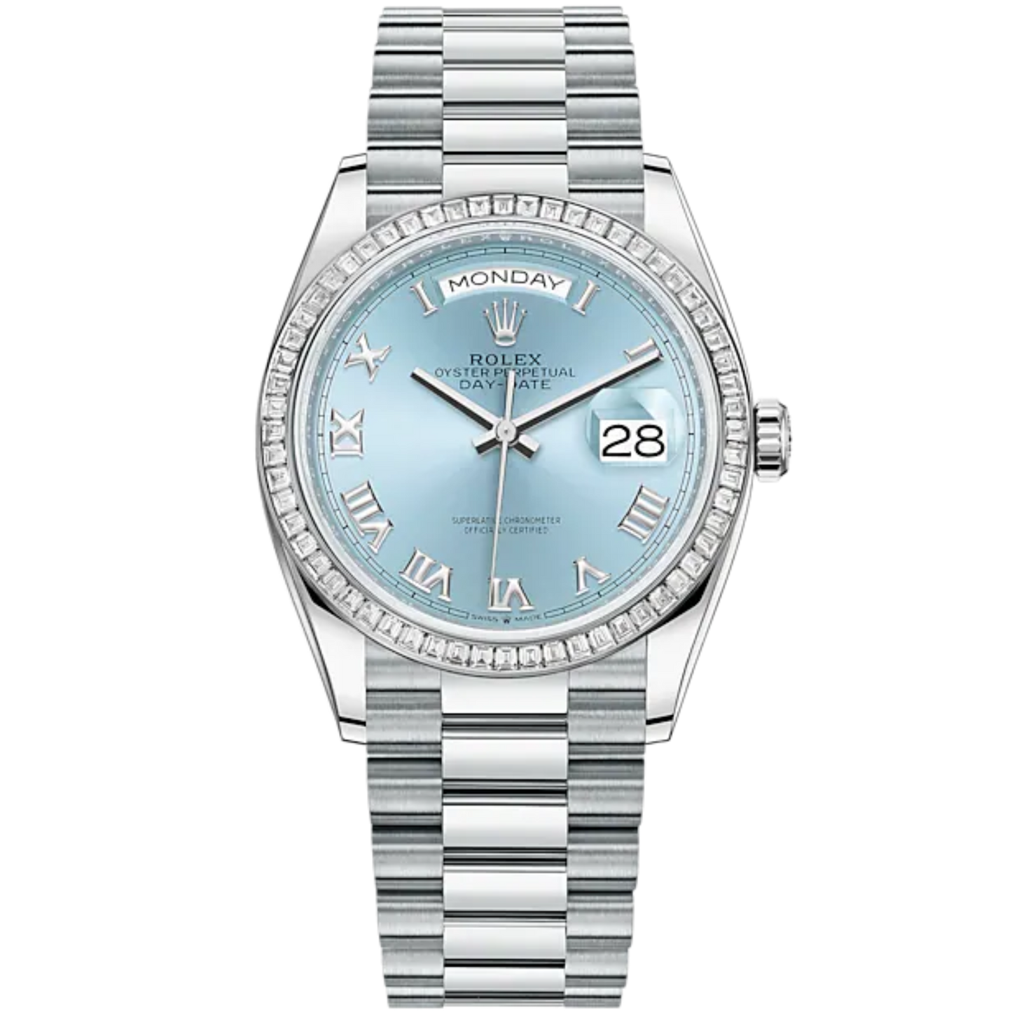Day-Date 36 36mm President Bracelet and Platinum with Ice-Blue Roman Dial Diamond-Set Bezel