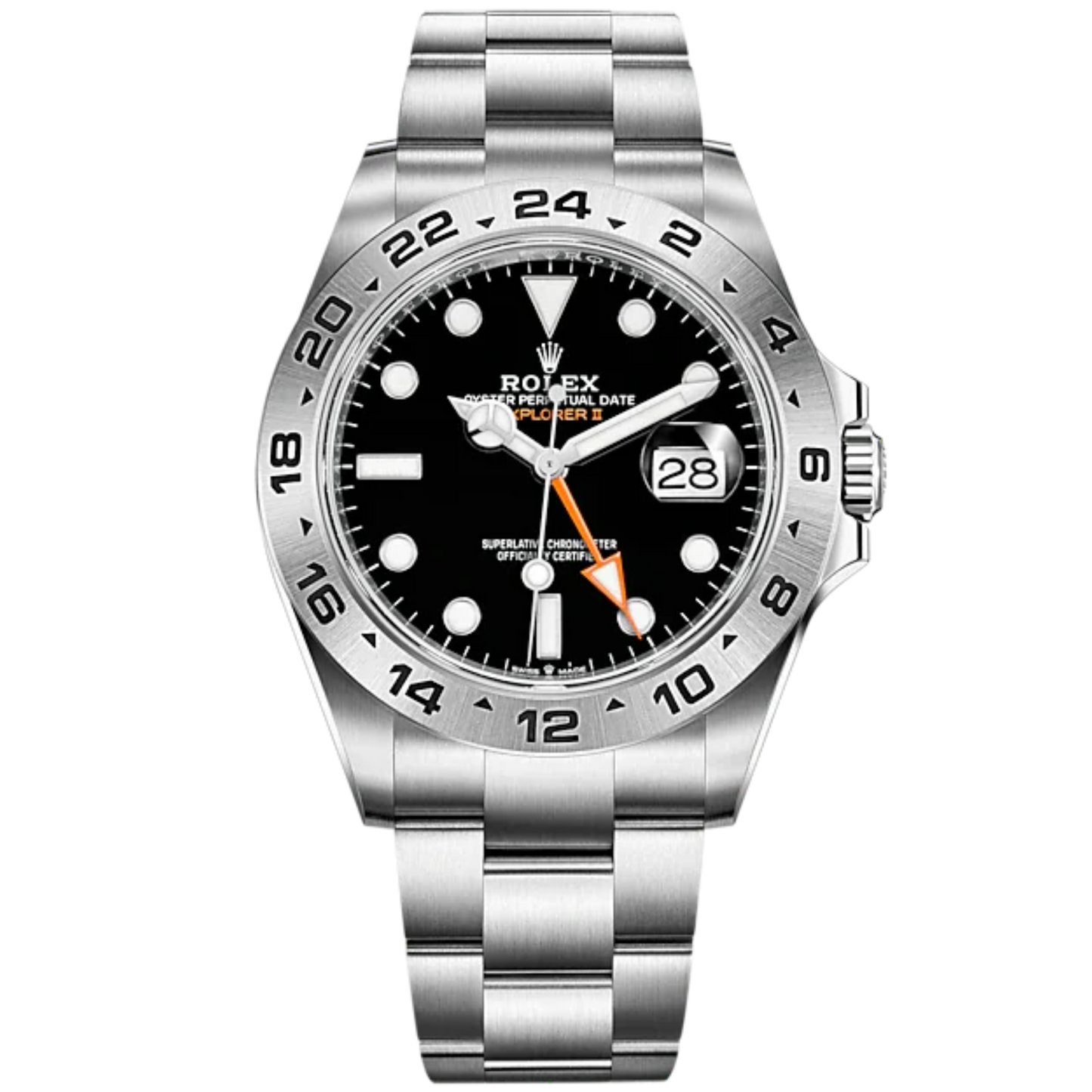 Explorer II 42mm Oyster Bracelet Oystersteel and Chromalight Display with Black Dial Arrow-Shaped 24-Hour Bezel