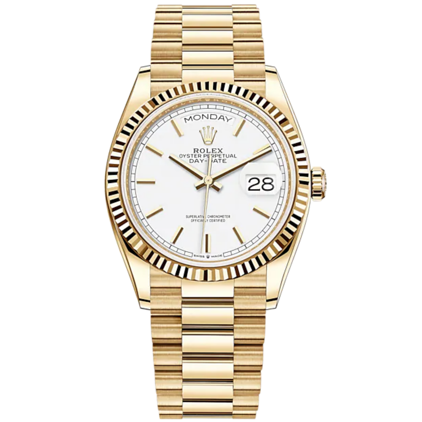 Day-Date 36 36mm President Bracelet and 18 KT Yellow Gold with White Dial Fluted Bezel