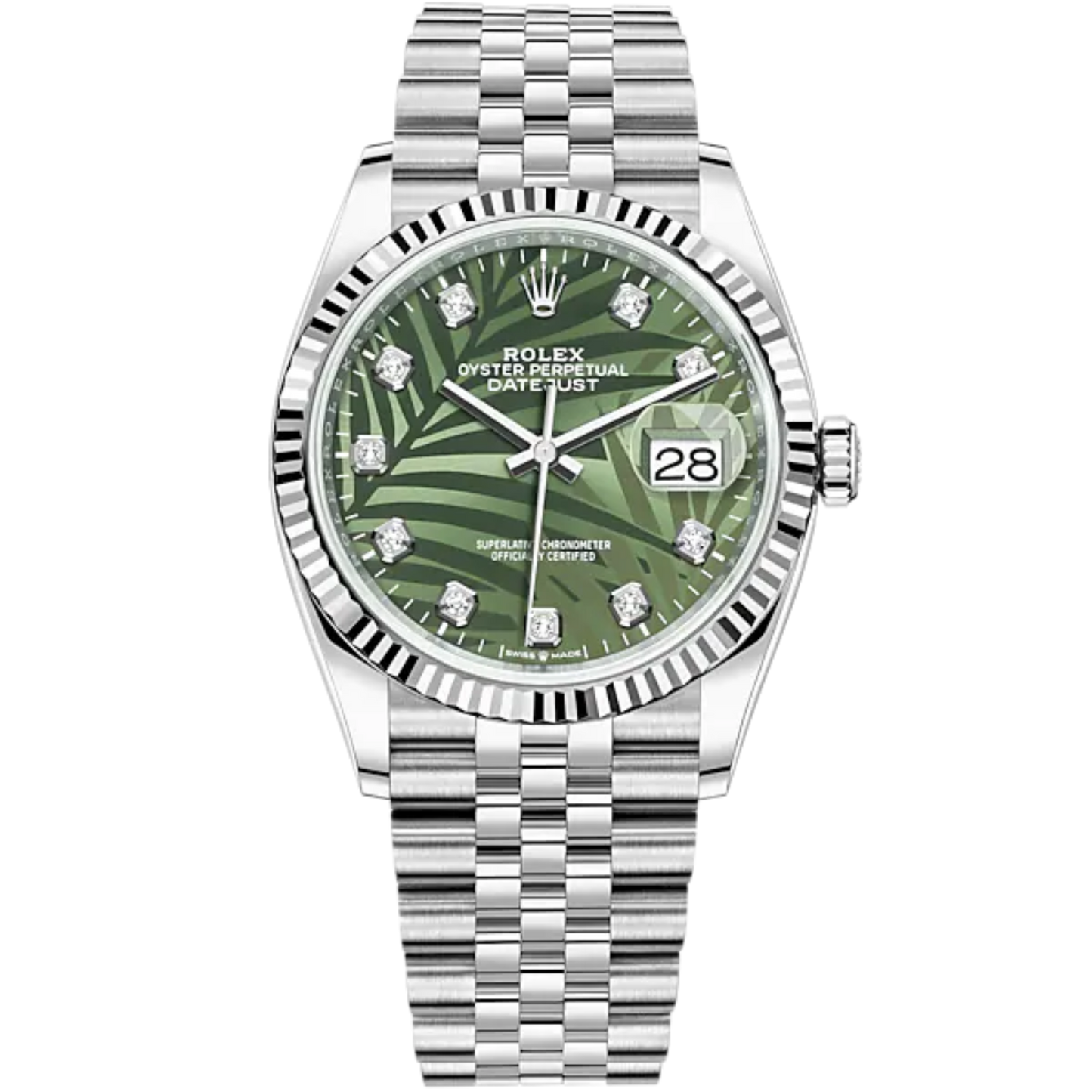 Rolex Datejust Ref. 126234 36mm White Gold Jubilee Bracelet Olive Green Palm-Motif Diamond-set Dial