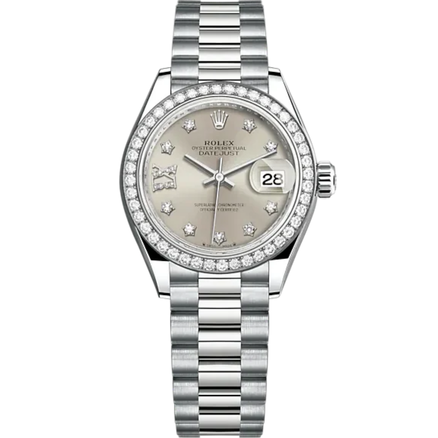 Lady-DateJust 28mm President Bracelet and 18 KT White Gold with Silver Dial and Diamond-Set Bezel and Marker