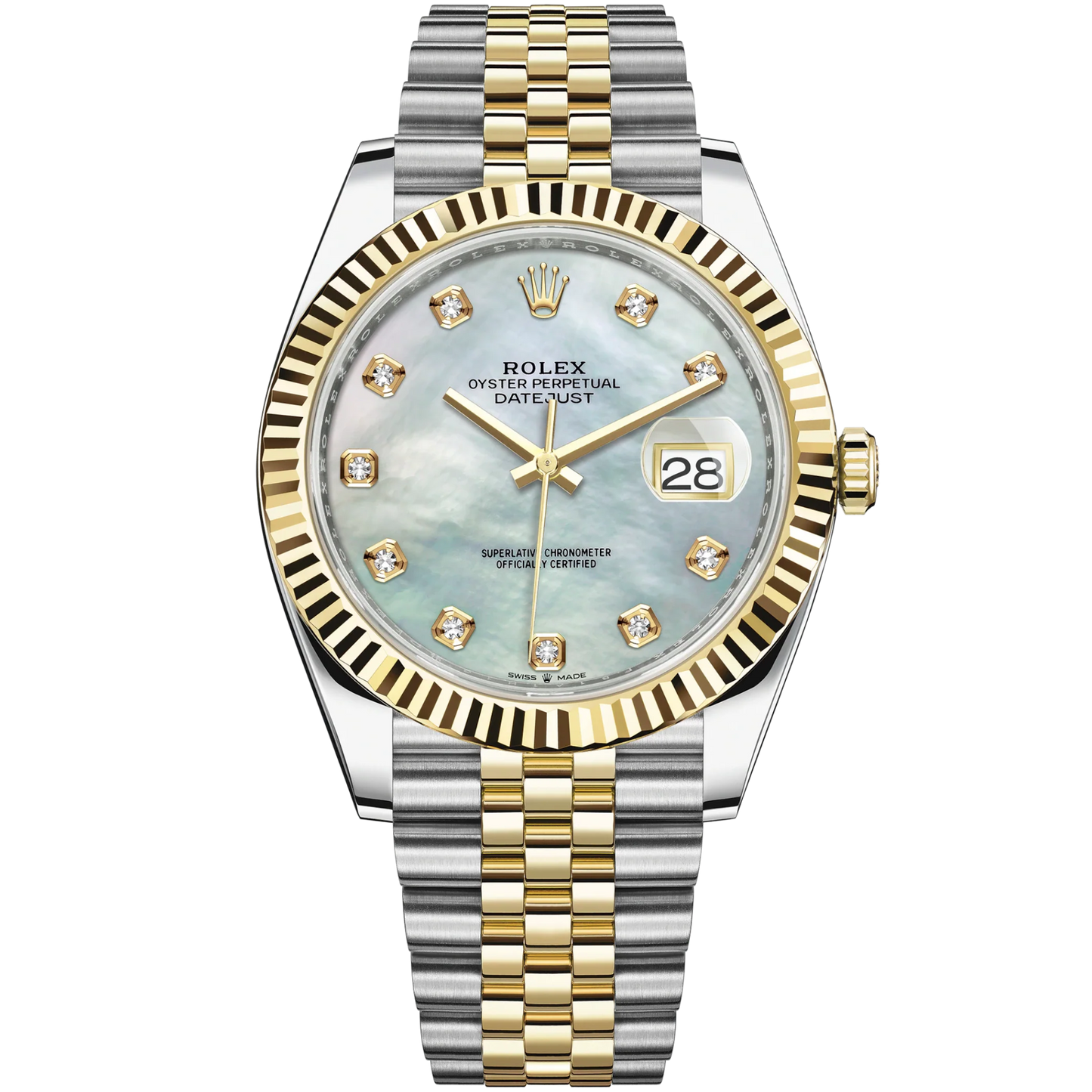 Datejust 41 41mm Jubilee Bracelet Oystersteel and Yellow Gold with White Mother-Of-Pearl Diamond-Set Dial Fluted Bezel