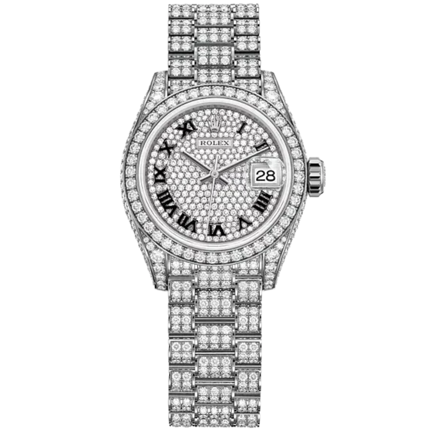 Lady-DateJust 28mm Diamond-Set President Bracelet and 18 KT White Gold with Diamond-Paved Dial and Diamond-Set Bezel
