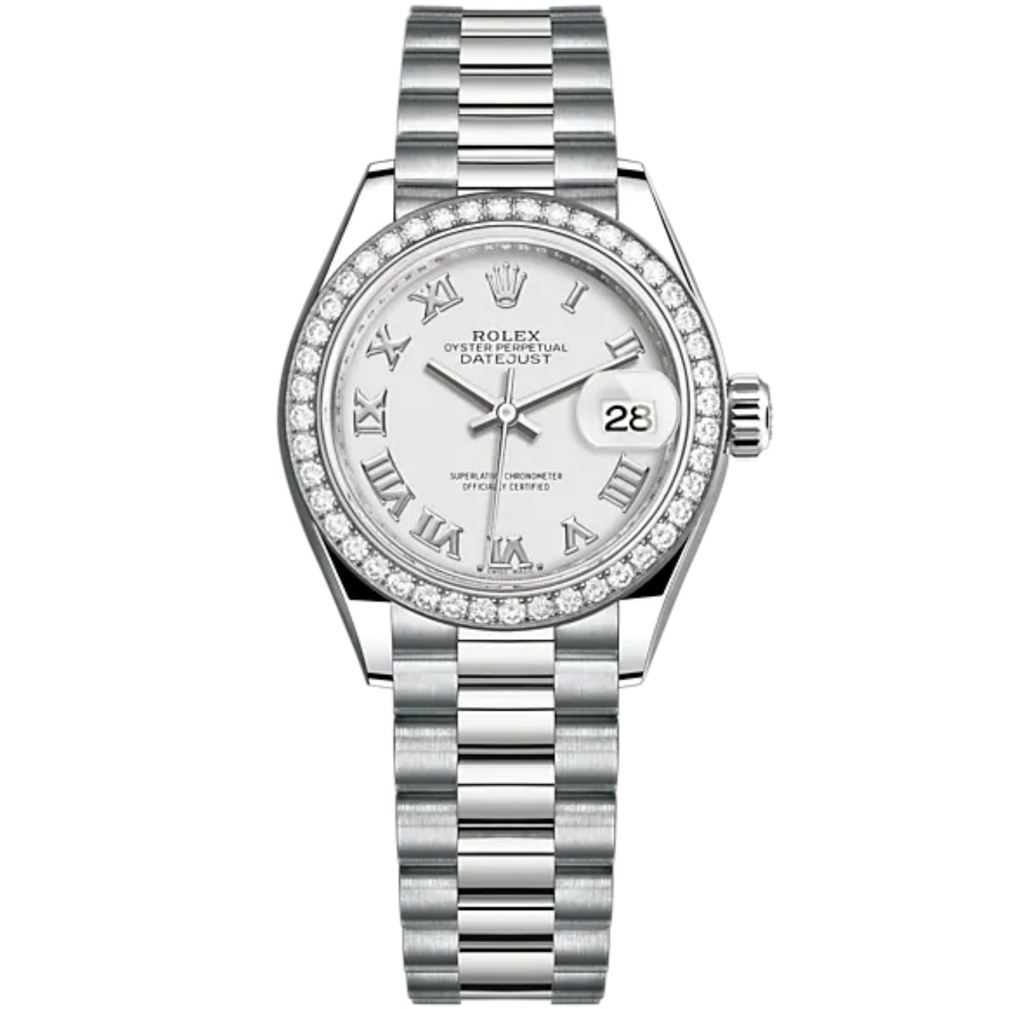 Lady-DateJust 28mm President Bracelet and 18 KT White Gold with White Dial and Diamond-Set Bezel