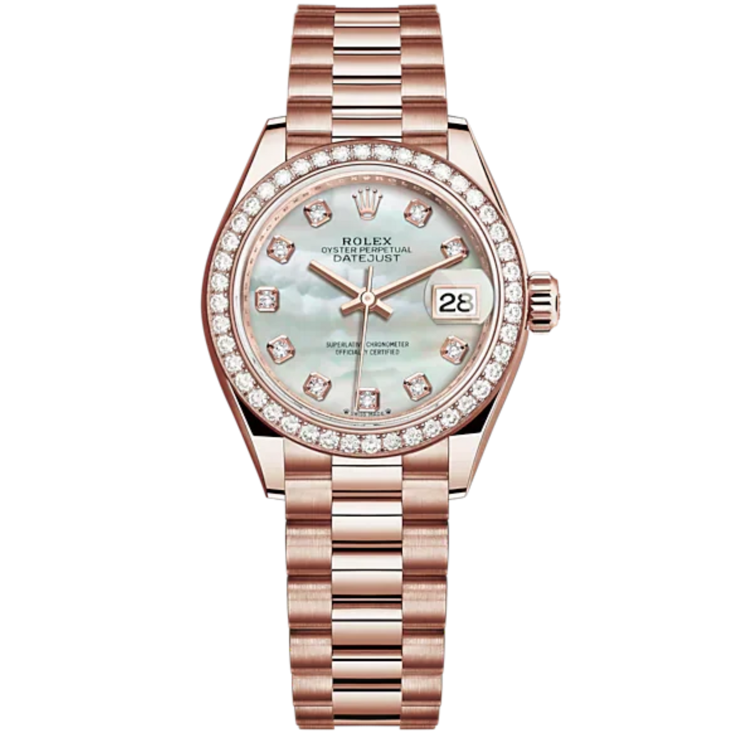 Lady-DateJust 28mm President Bracelet and 18 KT Everose Gold with White Mother-of Pearl Dial Diamond-Set Dial and Bezel
