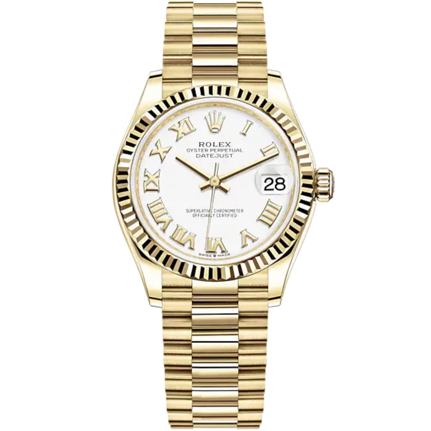 Datejust 31 31mm President Bracelet and 18 CT Yellow Gold with White Dial Fluted Bezel