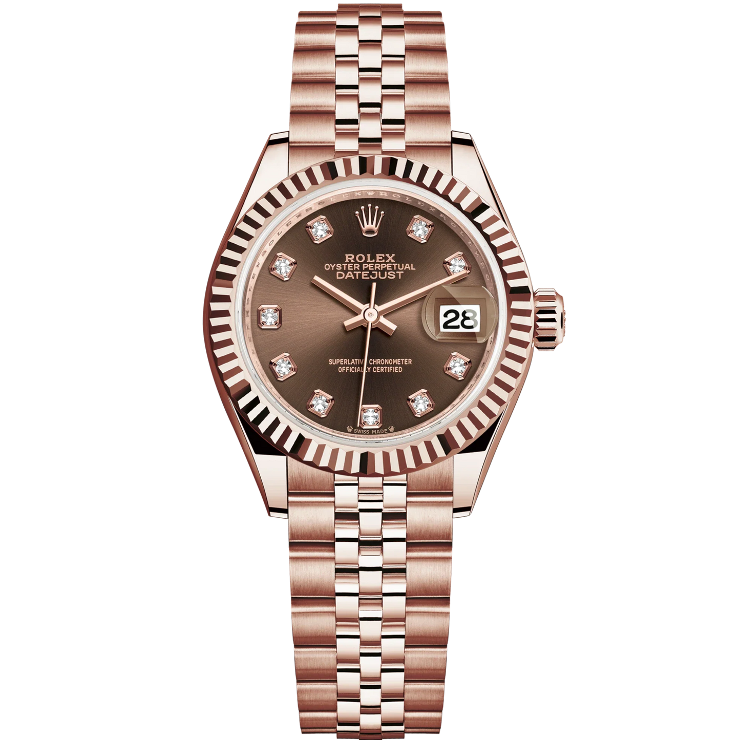 Lady-DateJust 28mm Jubilee Bracelet and 18 KT Everose Gold with Chocolate Dial Diamond-Set Dial and Fluted Bezel