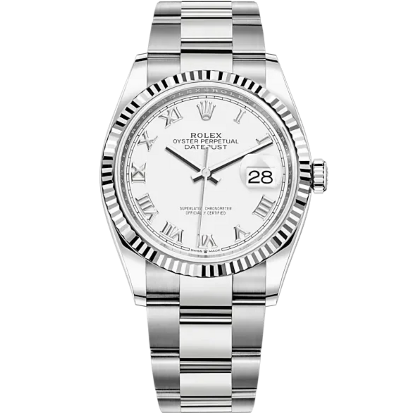 Rolex Datejust Ref. 126234 36mm White Gold Oyster Bracelet White Roman Dial Fluted Bezel