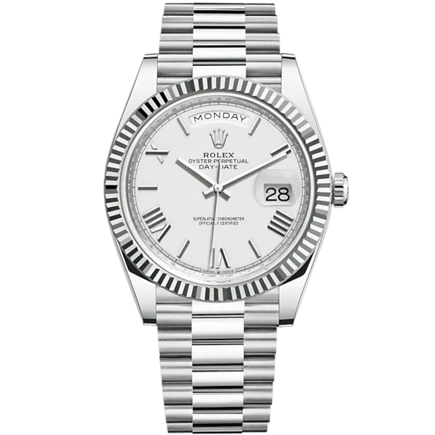 Day-Date 40 40mm President Bracelet and Platinum with White Roman Dial Fluted Bezel
