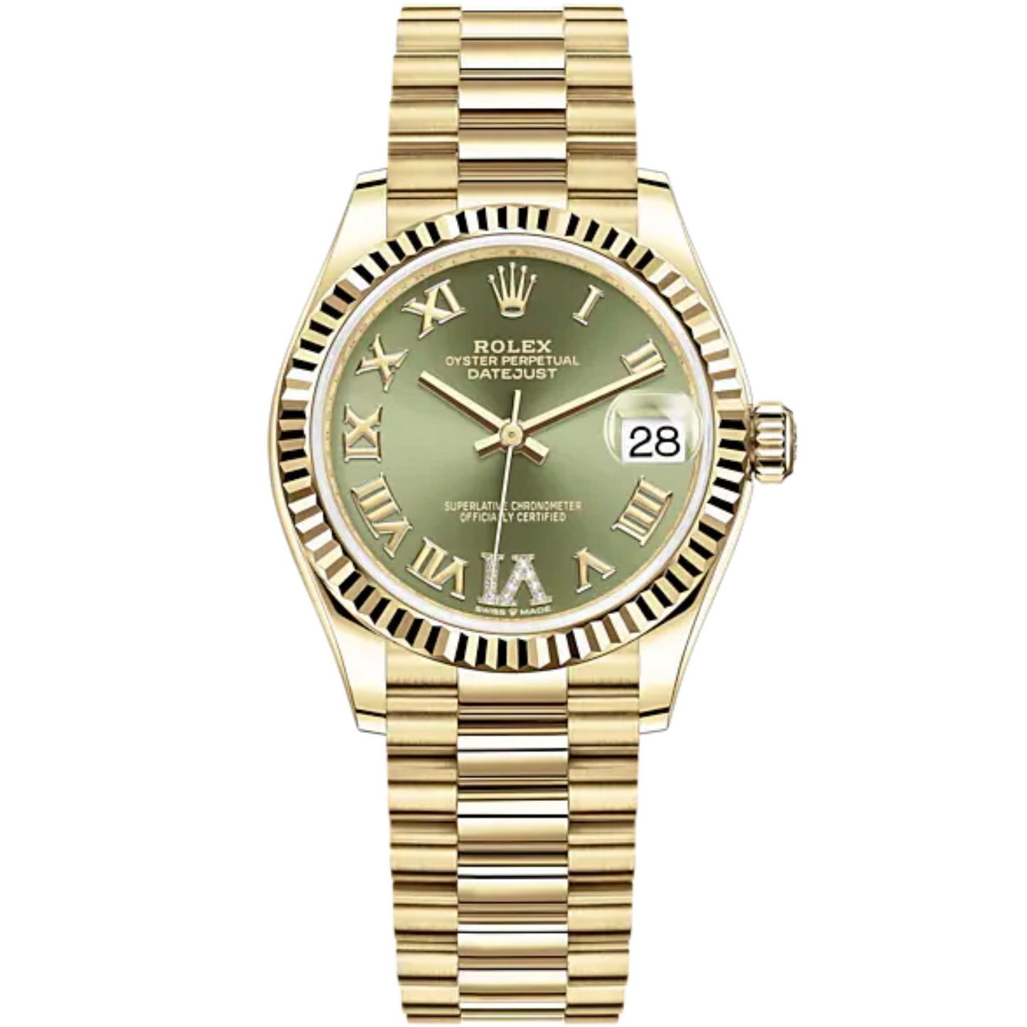 Datejust 31 31mm President Bracelet and 18 CT Yellow Gold with Olive-Green Diamond Dial Fluted Bezel